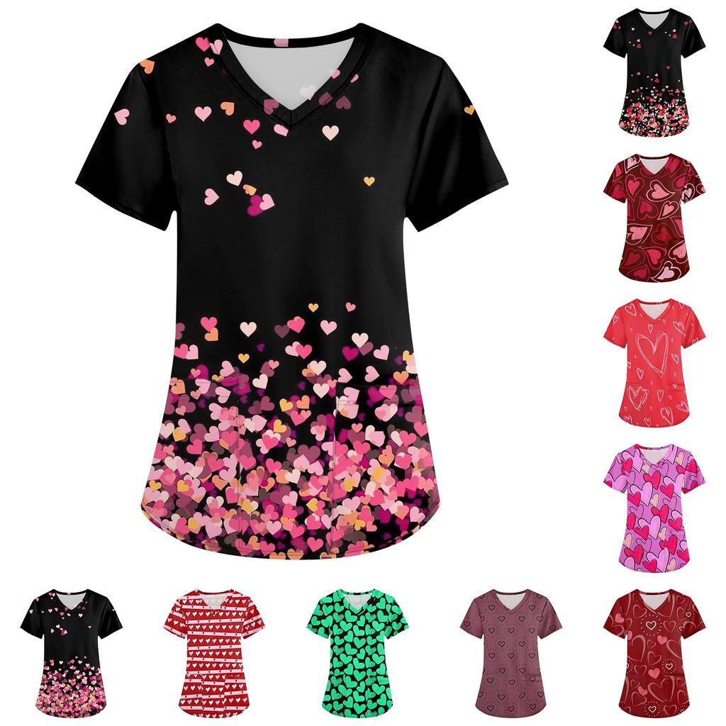 Women's Fashion Printed Short Sleeve V-Neck Top Small Pocket Work T-Shirt