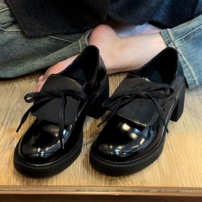 Версия из коровьей кожи~ Туфли-лодочки на высоком каблуке с бантом в балетном стиле, маленькие кожаные туфли на толстом каблуке, женские туфли на платформе, лоферы в британском стиле, женская обувь
