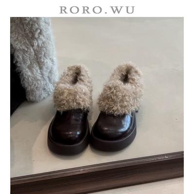 Версия из коровьей кожи~ Корейский бархат на толстой подошве, пушистые короткие ботинки на высоком каблуке, женские осенне-зимние коричневые ботинки, новинка 2025, хлопковые ботинки