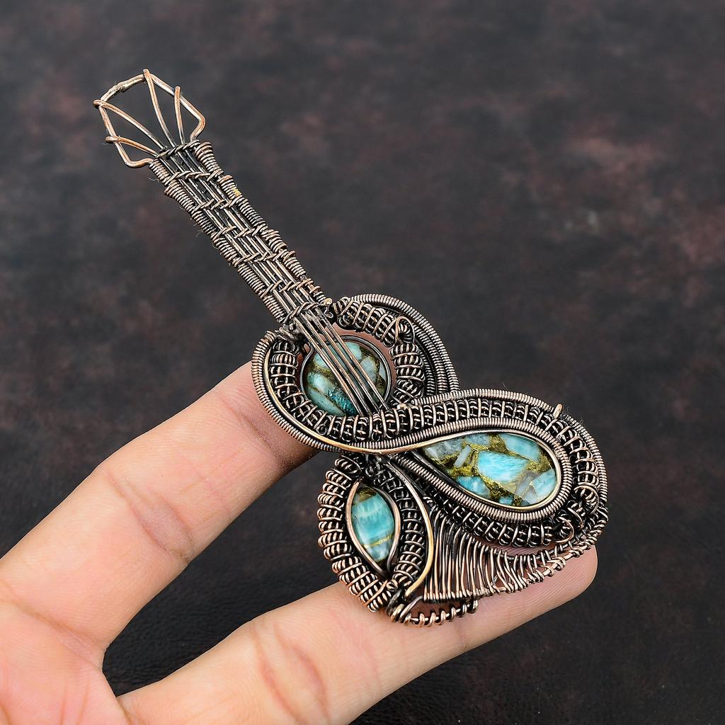 Copper Amazonite Pendant Copper Wire Wrapped Gemstone Jewelry Guitar Pendant Amazonite Handmade Jewelry Copper Wire Pendant Engagement Gift