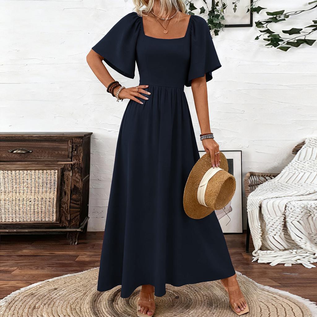 Women's Fashion Solid Color Square Neck Bohemian Five Sleeve Dress Concert Dress Beach Vacation