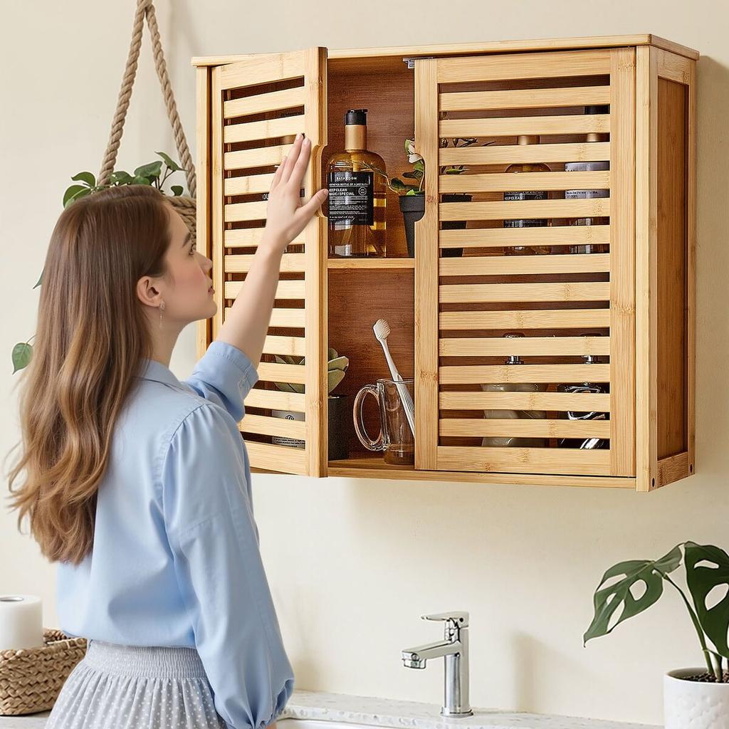Bathroom Wall Cabinet, 2 Doors and Adjustable Shelf with 3 Height Levels, Over the Toilet Storage Medicine Cabinet Wall Mounted, Hanging Organizer