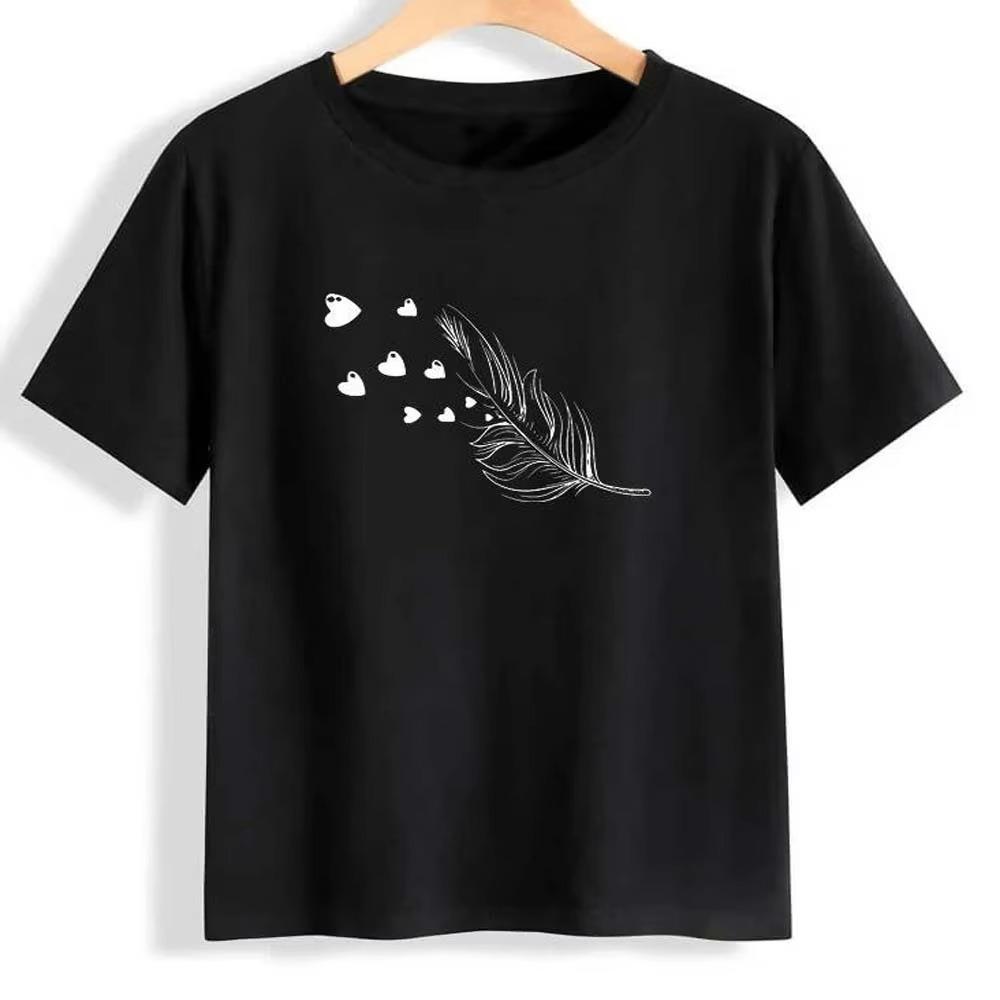 Black Feather Themed Graphic TShirt Unique Feather Heart Feather Flying Birds Artistic Design Top with Two Styles Available