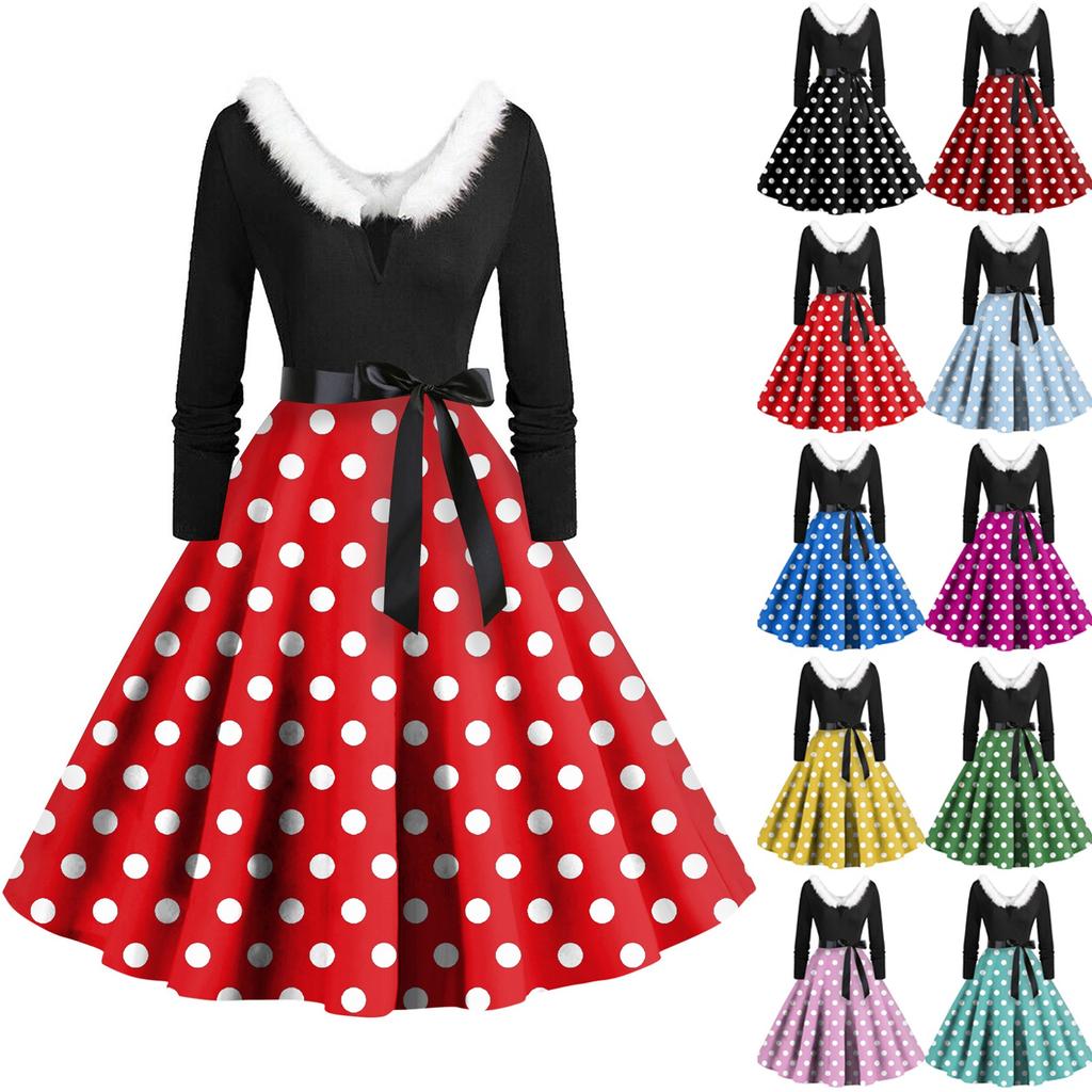 Women's Casual And Fashionable Long Sleeved V-neck Polka Dot Print Matching Zipper Dress