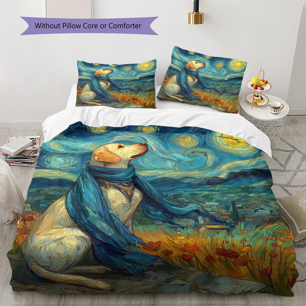 Dog Under Night Starry Sky Pattern Bedding Quilt Set Home Decoration Gift (1 * duvet cover + 2 * pillowcase without core)