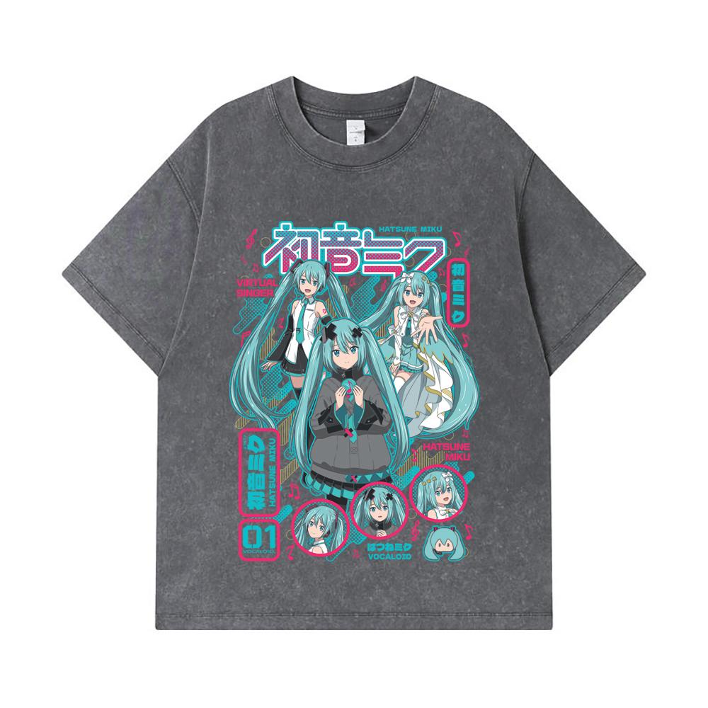 Стиранные футболки 275 г/м² 100% Хлопок Принт Vocaloid V1 Hatsune Miku Унисекс Тяжелая хлопковая футболка