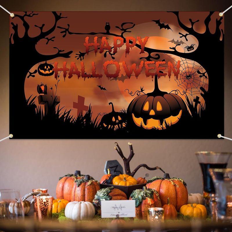 VIKAMA Halloween Backdrop Pumpkin Bat Spider Graveyard Banner Indoor Outdoor Party Wall Photo Booth Decor