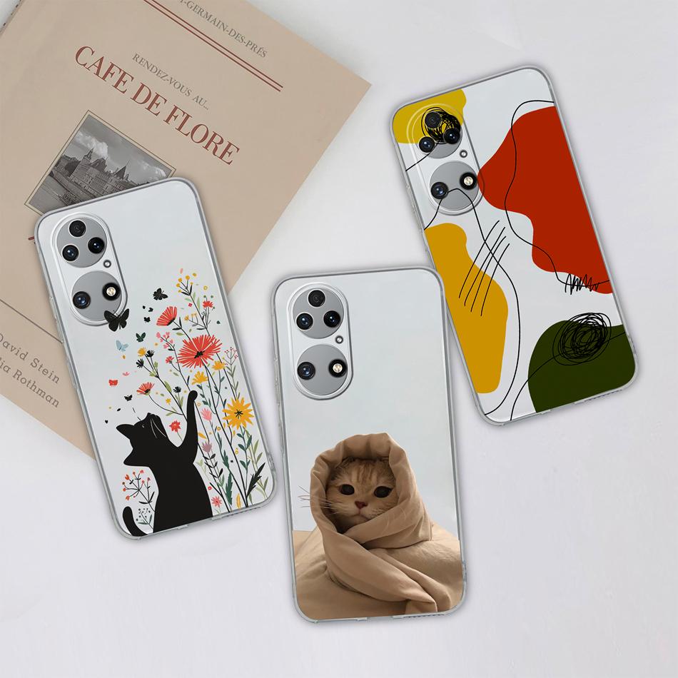 For Huawei P50 Pro P50E Phone Case Lucky Flowers Patterns Transparent Protective Funda For Huawei P 50 Soft TPU Silicone Bumper