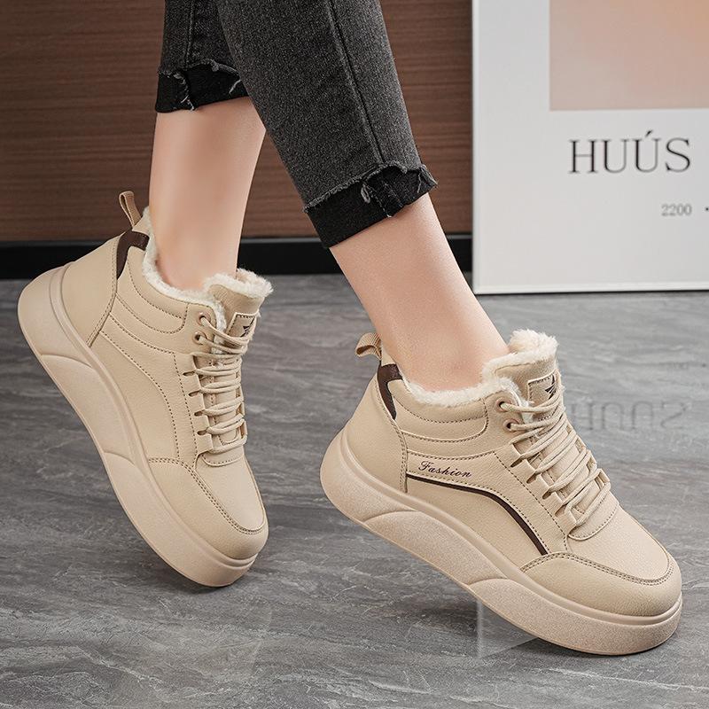 Fleece high-top sneakers women's 2026 winter new warm pregnant women's large cotton shoes platform leather snow boots