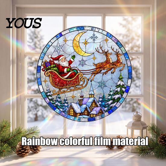 Christmas Home Window Decor Santa Sleigh Suncatcher Cling, Stained Glass Style Static Reusable Holiday Decorations Sticker, Rainbow Film Xmas for Shop