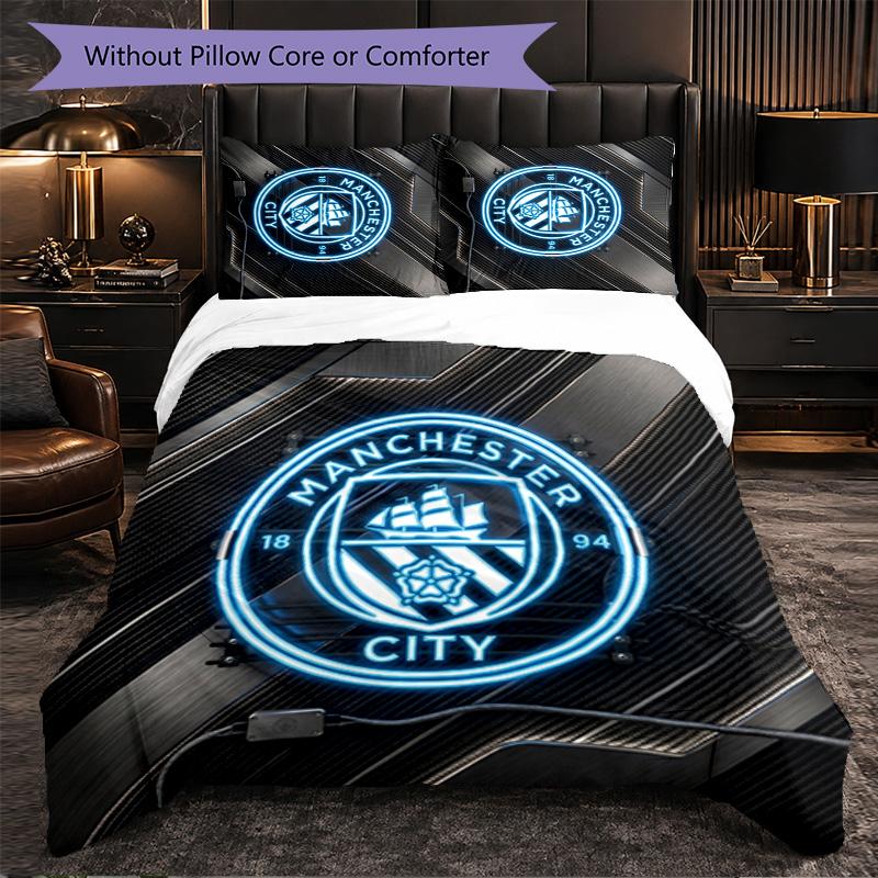 Manchester City Pattern 3 Pieces Bedding Set Soft Microfiber Duvet Cover with Pillow Cases for Bedroom