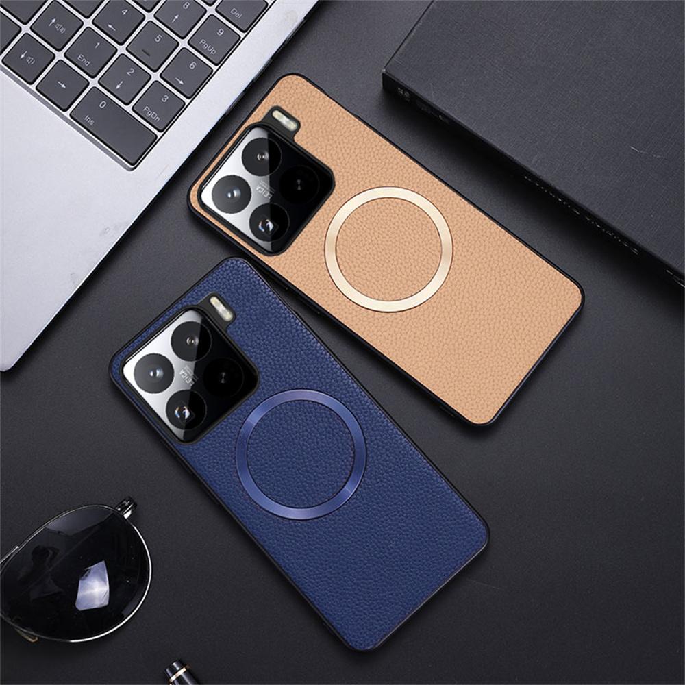 For Xiaomi 15 Case Compatible with MagSafe Litchi Texture PU Leather+TPU Phone Cover