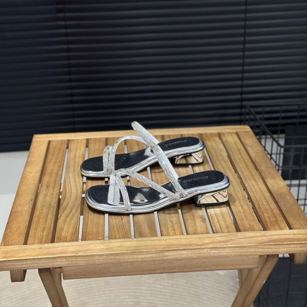 Серебристые женские туфли-стилеты на высоком каблуке, женские летние шлепанцы с полным бриллиантовым покрытием, французские элегантные босоножки на среднем высоком каблуке, женские