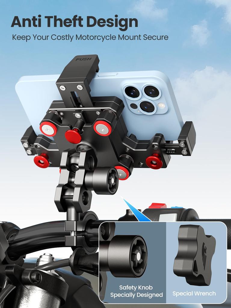 Motorcycle Phone Holder with Vibration Damper Fast Secure Bike Phone Handlebar Cell Phone Holder for and Fits Smartphones Black & Lock, Anti-Theft