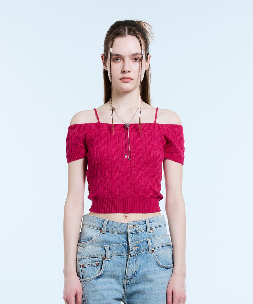 LARTIGENT L11 Cable Off Shoulder Knit(Purple)
