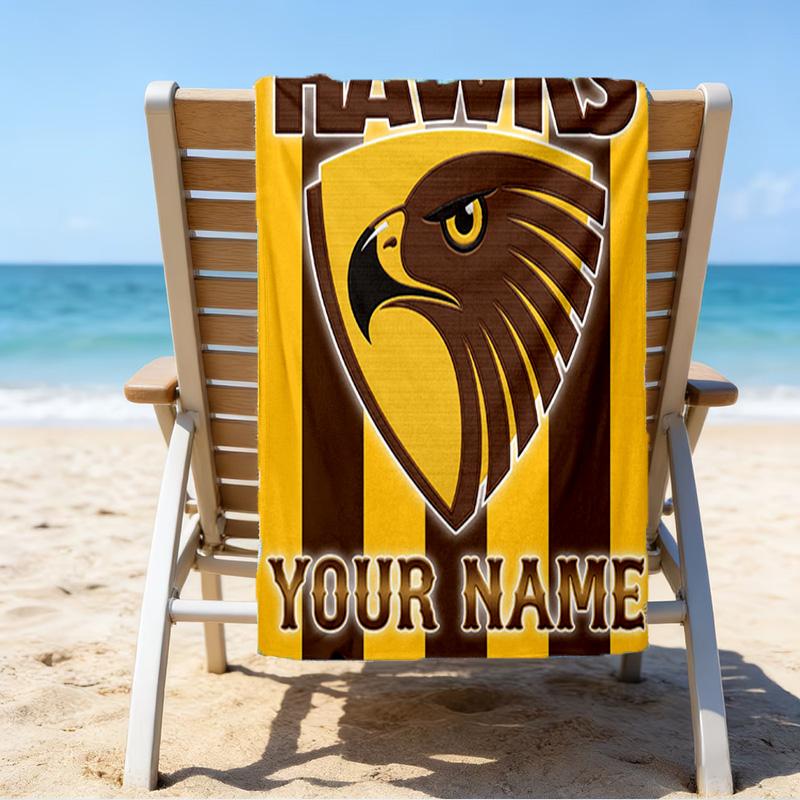 Custom Name Beach Towel Hawks Team Spirit Beach Towel, Soft Microfiber, Gift for Her/Him, Birthday, for Pool, Beach, Travel, Fan gifts