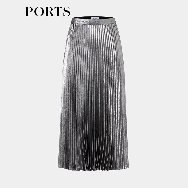 PORTS Women's Grey Pleated Glossy Midi Skirt