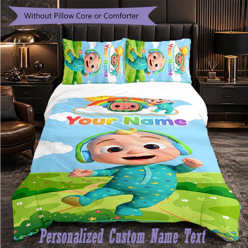 Personalized 3Pcs Bedding SetCocomelon Custom Text Duvet Cover Pillowcase Set Bedroom Gift