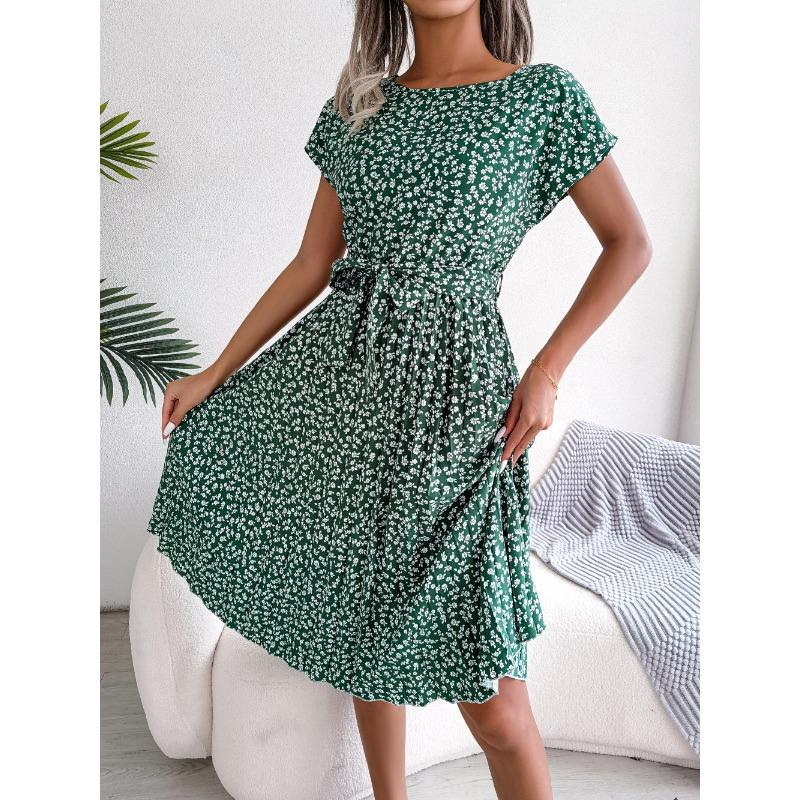 Ins Style Spring and Summer New Casual Short-sleeved Floral Large Swing Pleated Skirt European and American Women's Clothing
