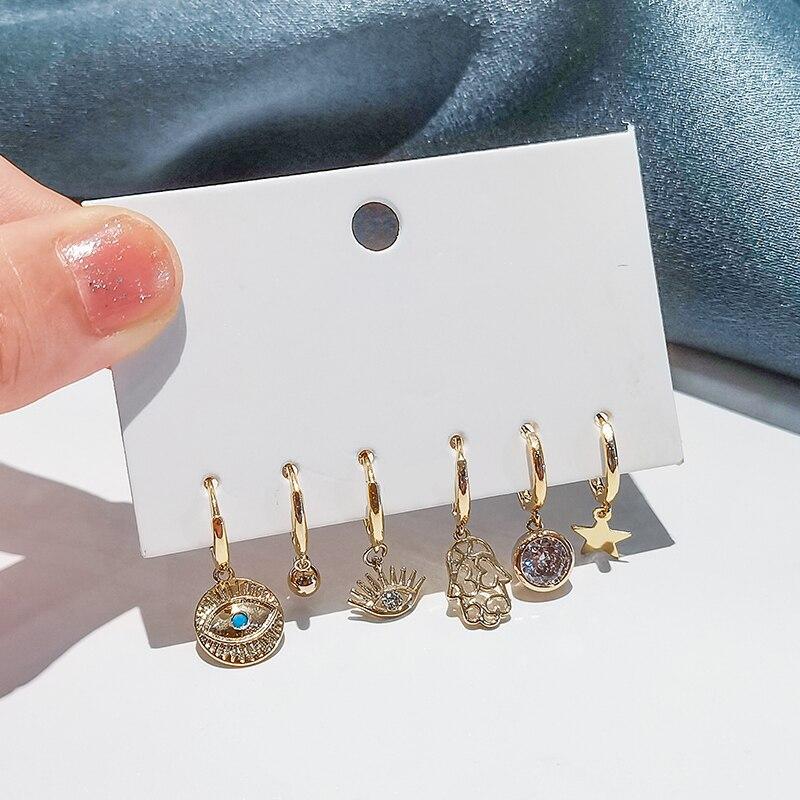 6 шт./набор из стерлингового серебра 925 пробы серьги-кольца в форме пальмовых глаз и звезд с каплями воды, женские роскошные ретро-украшения для ушей