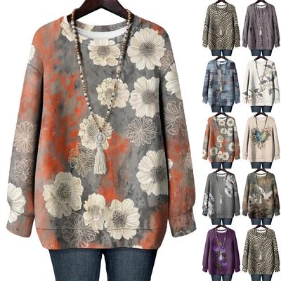 Женская футболка с цветочным принтом, круглым вырезом и длинными рукавами, свитшот