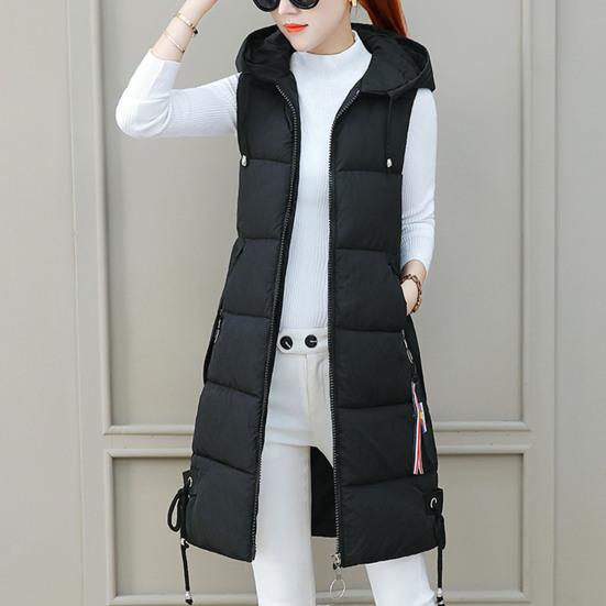 Осенне-зимний хлопковый жилет средней длины с утолщенной подкладкой без рукавов на молнии с застежкой-молнией на шнурке с капюшоном ветрозащитный женский жилет с сохранением тепла
