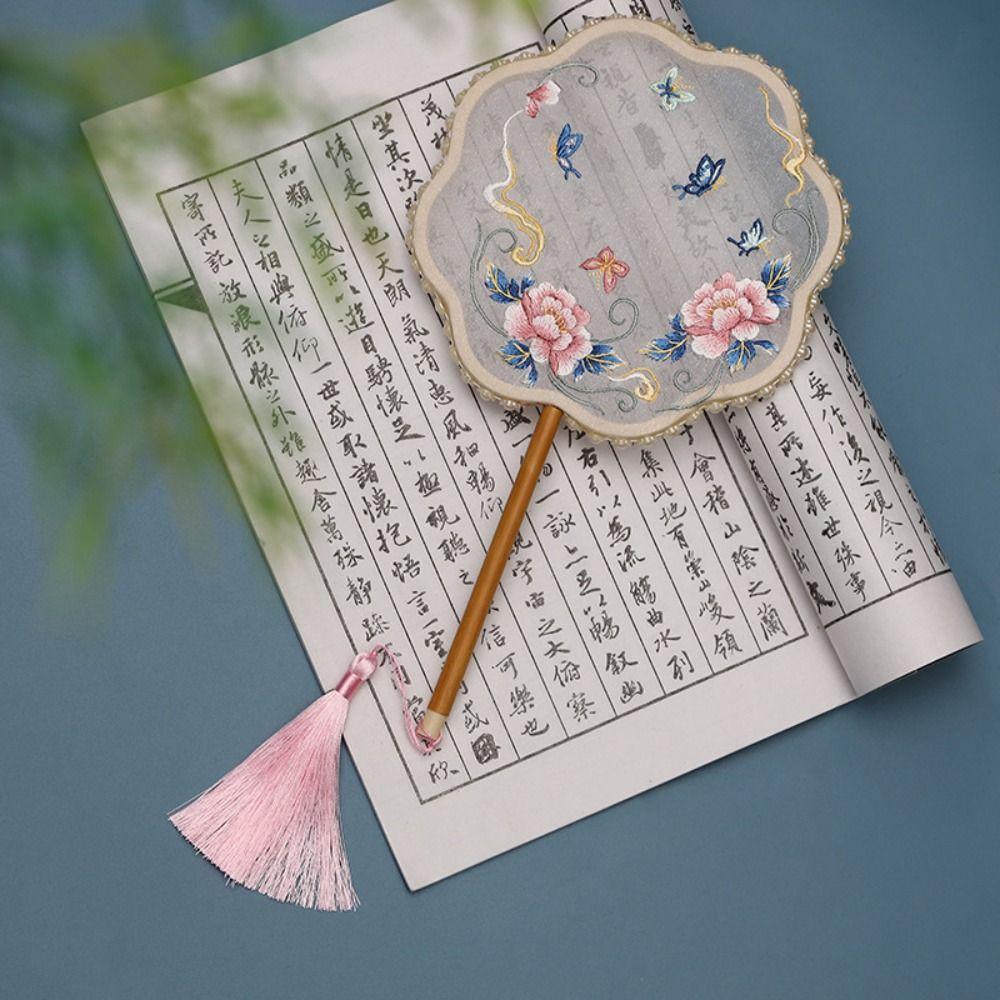 Классический круглый веер в китайском стиле, винтажный вышитый шелковый веер, двусторонний с кисточкой, ручной веер для женщин