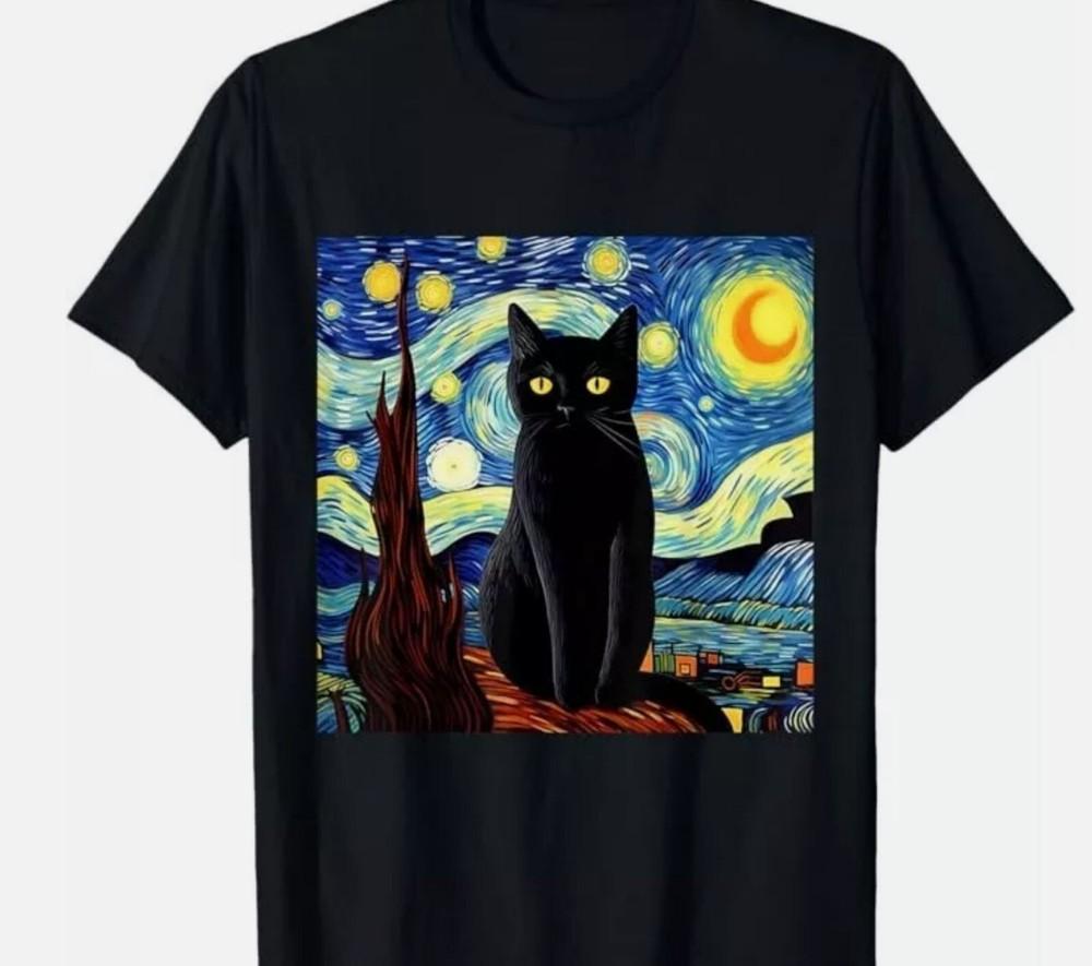Искусство Забавная Картина Черного Кота Художник Ван Гог Звездная Ночь Футболка