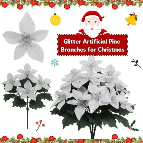 Artificial Poinsettia Bouquet with Green Leaves 4 Fork UV Resistant Fake Silk Flower Home Table Centerpiece Indoor Outdoor Faux Bloom Decoration
