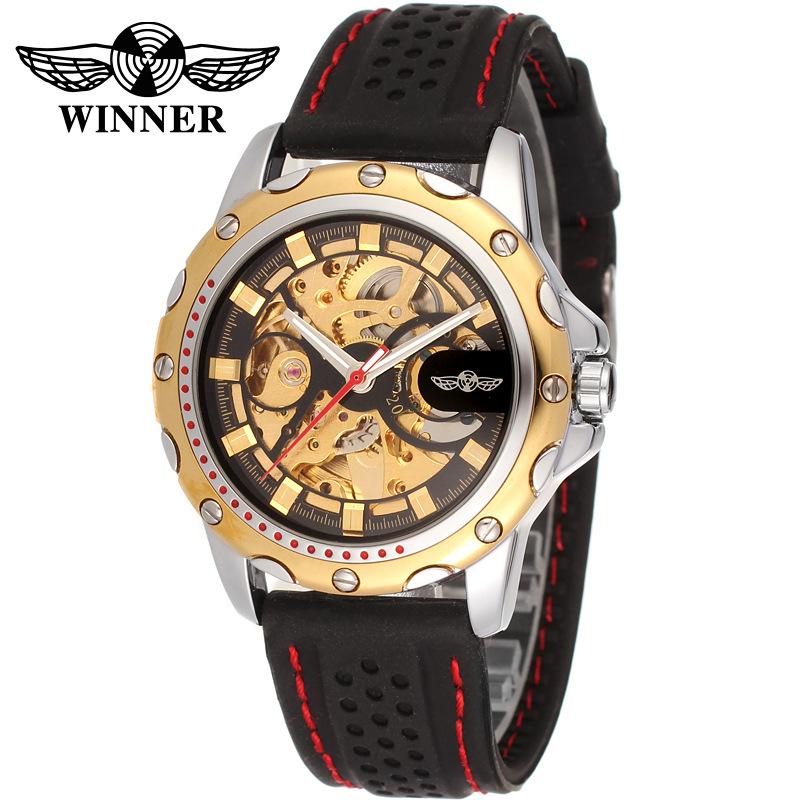 Winner Top Men's Watch Skeleton Men's Automatic Mechanical Watch Black Fashion Watch Silicone Strap