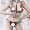 2 Pcs/Set Spaghetti Women Bra Set Flower Embroidery Hollow Out Panties Strap See-through Mesh Pornographic