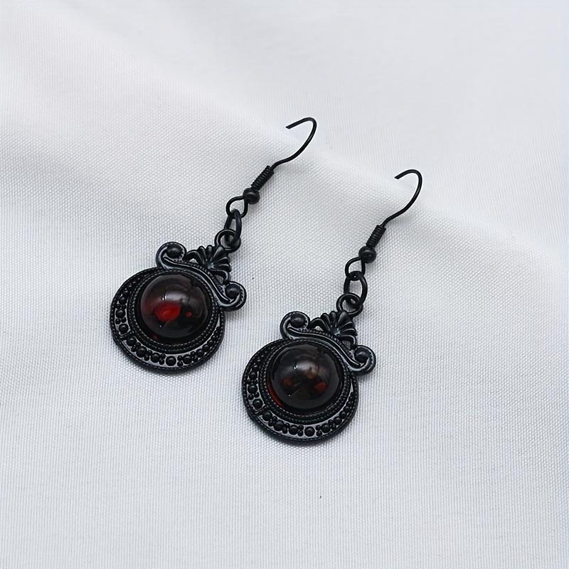 Round Ruby Decor Black Dangle Earrings Retro Goth Style Alloy Jewelry Creative Female Gift Daily Casual