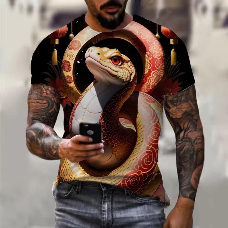 2025 Новый год Змеи Год Свирепый 3D принтованный мужской короткий рукав футболка повседневный удобный дышащий ретро принт короткий рукав