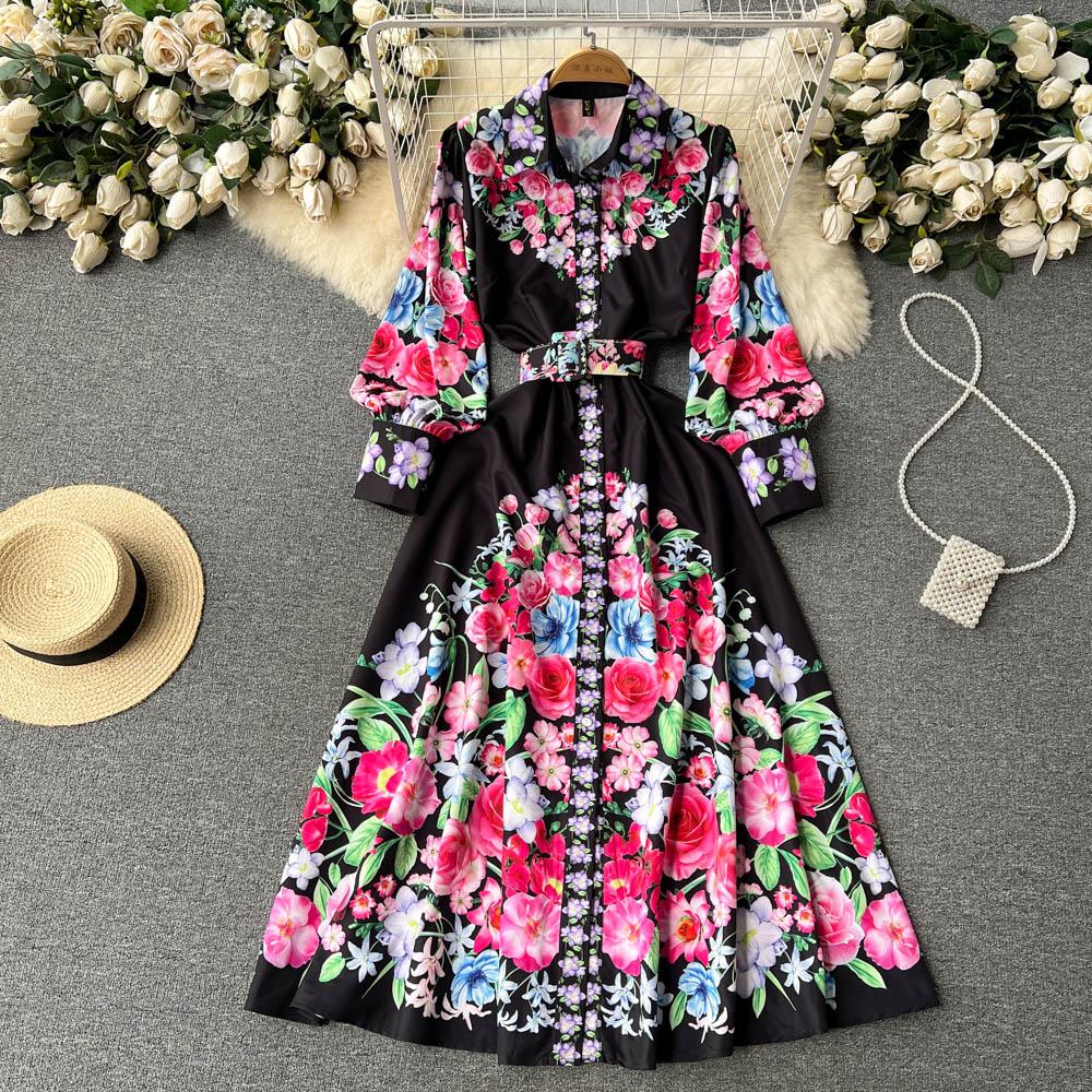 Весенне-осеннее платье-рубашка с длинными рукавами с лацканами и принтом, женское французское однобортное винтажное праздничное пляжное платье