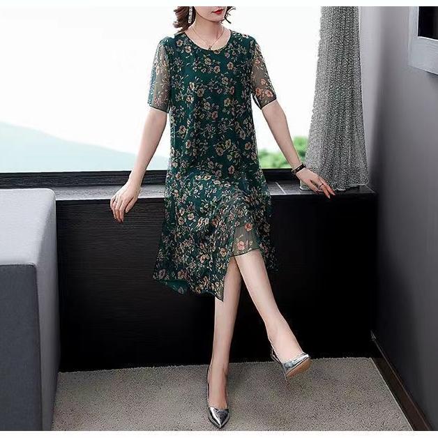 Women's Spring Summer Vintage Embroidered Large Size Women's Loose Mesh Large Size Short Sleeve Dress Printed Casual Dress