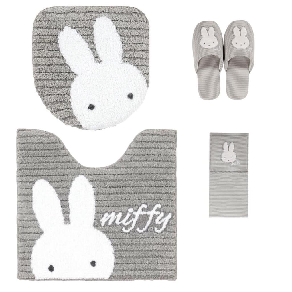 Коврик для туалета Miffy Включает крышку для унитаза и держатель для бумаги Senko Prima Miffy Набор чехлов для туалета с липучками Милый персонаж Набор из 4 предметов, Серый, 58x60см,