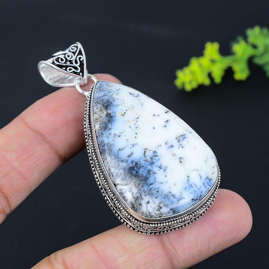 Natural Dendrite Opal Gemstone 925 Sterling Silver Gift Pendant 2.48" G3s04