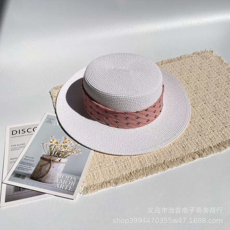 Small fresh letter webbing flat top straw hat female summer seaside photo shoot sun protection shade sand sun hat male