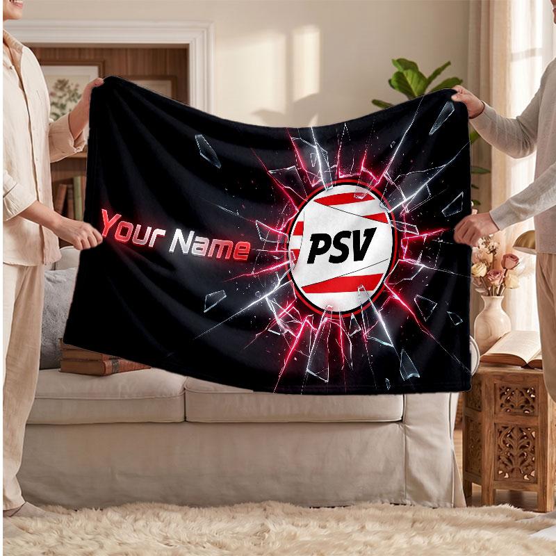 PSV Eindhoven FC Personalized Fleece Blanket With Football Logo, Custom Name Text Soft Warm Home Throw Blanket