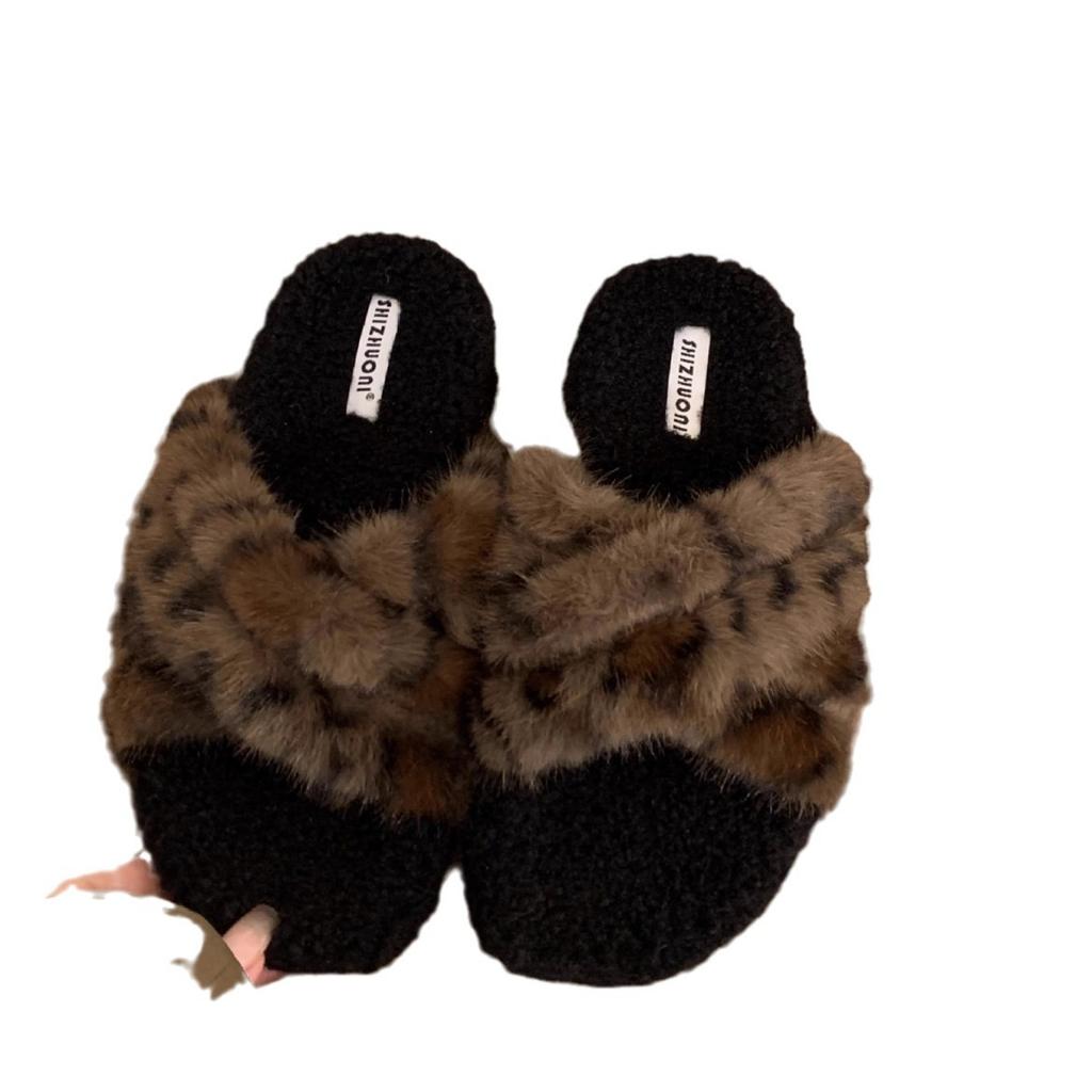 Platform Leopard Print Fluffy Shoes Women's Shoes Wear 2025 New Autumn and Winter Cotton Slippers Lamb Wool Fashion Cotton Shoes