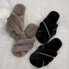 Fashion Women's Warm Plush Cross Strap House Slippers Fashion Chain Decor Fluffy Fur Slides Woman Autumn Winter Open Toe Furry Slippers