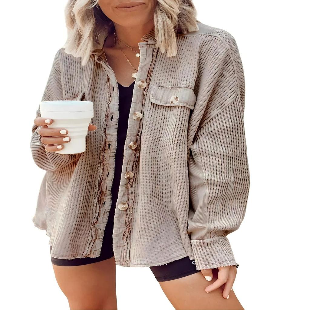Elegant Solid Color Ribbed Tops Lady Jackets Autumn Winter Fashion Breasted Button Women Coats Casual Loose Long Sleeve Outwears