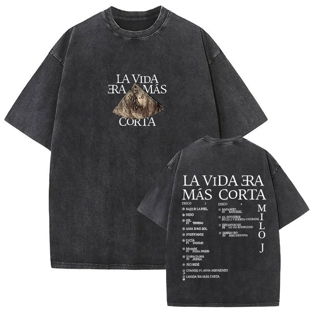 Washed Vintage Rapper Milo J La Vida Era Mas Corta Album Graphic Tshirt Men Women Hip Hop Fashion Pop Music T Shirts Streetwear