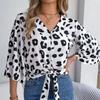 Fashion Long Sleeve Leopard Print Blouse Women Loose Elegant Casual Shirts for Women Vintage V Neck Lace Up Office Lady Tops 24118