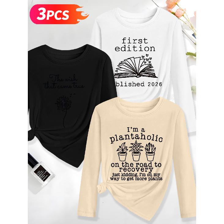 Lele Orientation Three-piece women's long-sleeve set Dandelion green plant book artistic healing text print Spring, Summer, Autumn Casual Elegant