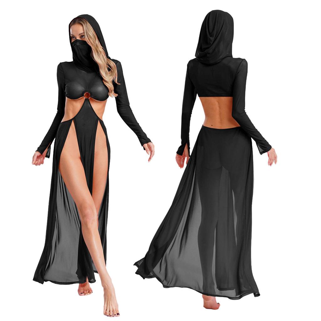Fashion Women Sheer Dress Maxi Hollow Out Mesh Coverup with Long Sleeves Hooded Mask and High Slit, Sexy Party Club Wear
