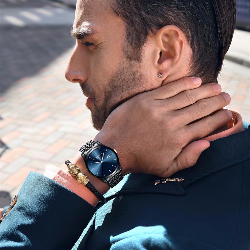 ONTHEEDGE Ультратонкие мужские кварцевые мужские часы с календарем из нержавеющей стали, водонепроницаемые часы