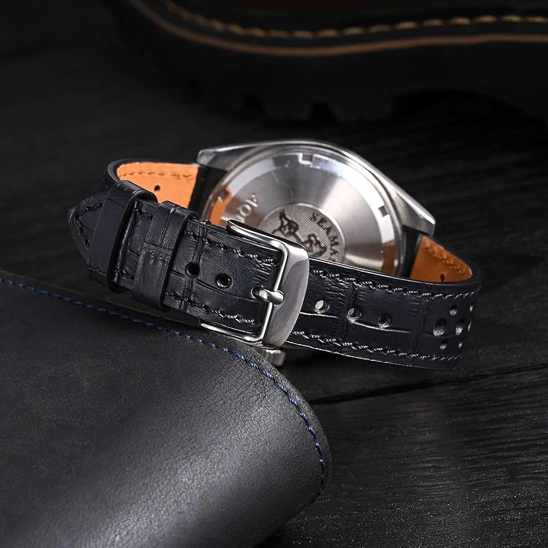 [Anbeer] 22 мм ремешок для часов, сменный ремень из тисненой кожи, тиснение в стиле ралли, в комплекте с инструментами для замены, черная серебристая пряжка