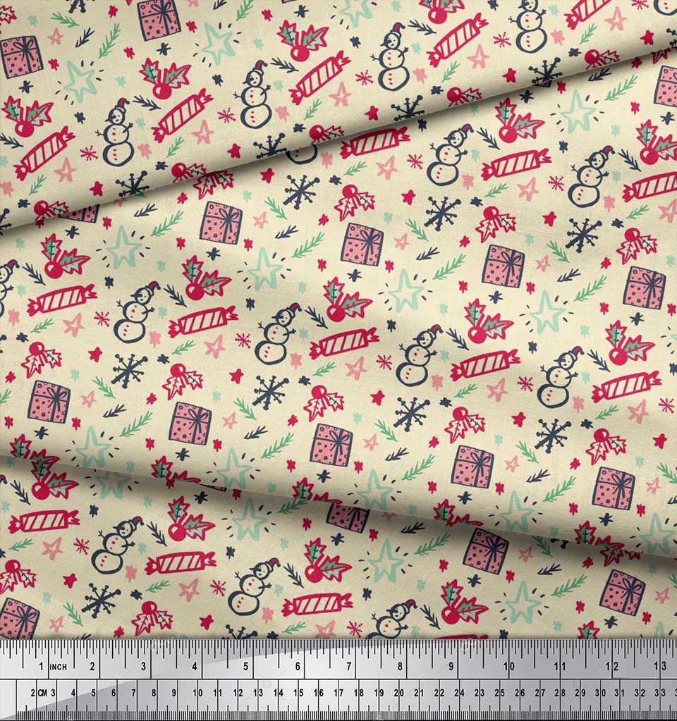 Soimoi Белая японская креп-сатиновая ткань Снеговик, конфеты и подарочная коробка Рождественские принты на ткани по метрам 42 дюйма