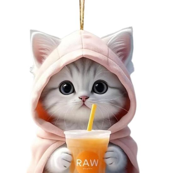 Подвеска для автомобиля 2D Котенок в толстовке с капюшоном, держащий молочный чай, легкая школьная сумка, сумка через плечо, подвеска с цепочкой из бисера, праздничный подарок